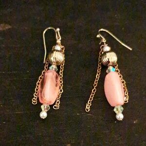 Pink and Gold Beaded Dangle Earrings